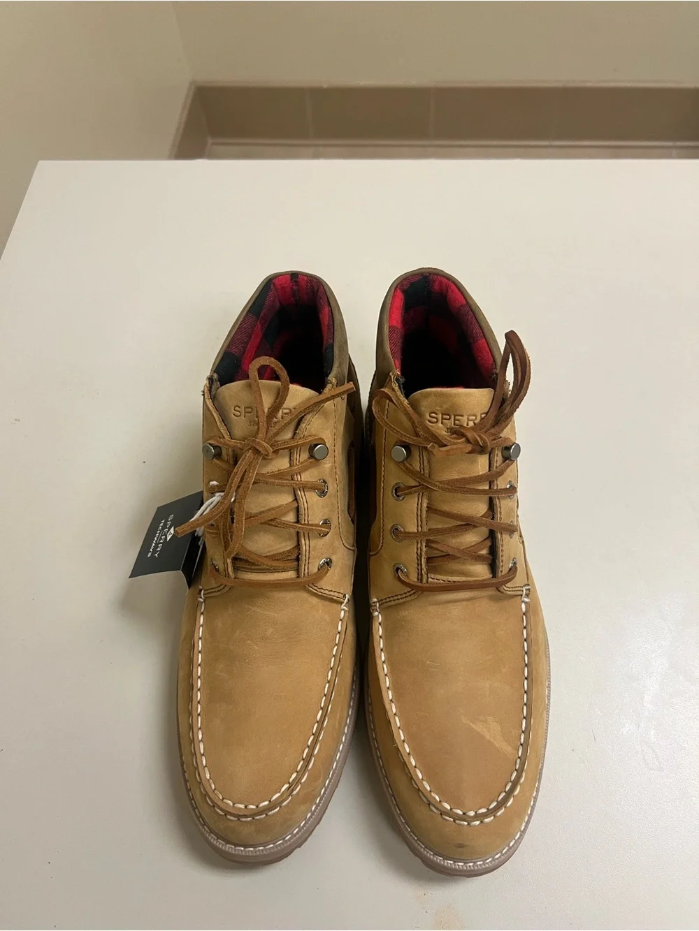 Sperry Tan Leather Moc Toe Boat Shoes with Red Plaid Lining